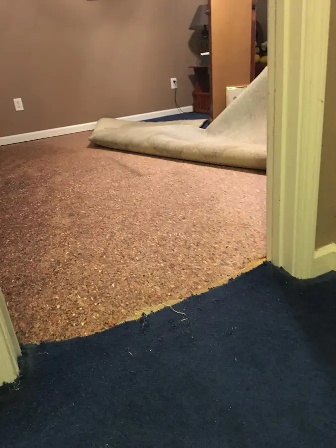 Carpet pad removal revealing water damage during Water Mitigation Services in San Martin