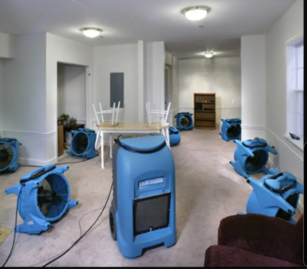 Air movers and dehumidifier setup for Water Damage Restoration in San Martin
